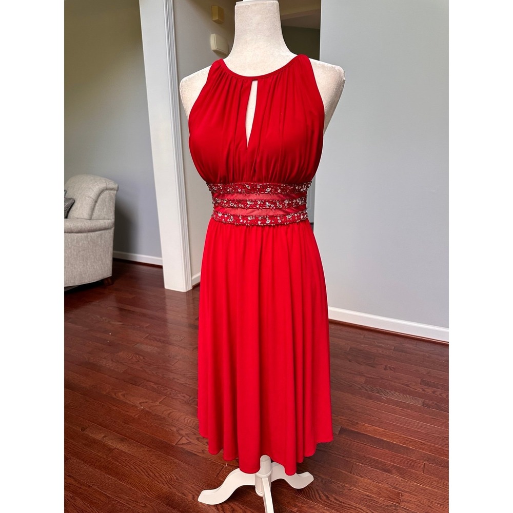 CB 1962 Formal Red Silver Beaded Embellished Waist Cocktail Dress - Picture 2 of 8